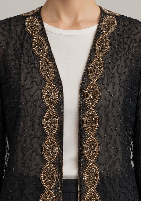 ibBan Women’s Black Mesh Long Jacket with Hand Embroidered - Aminta