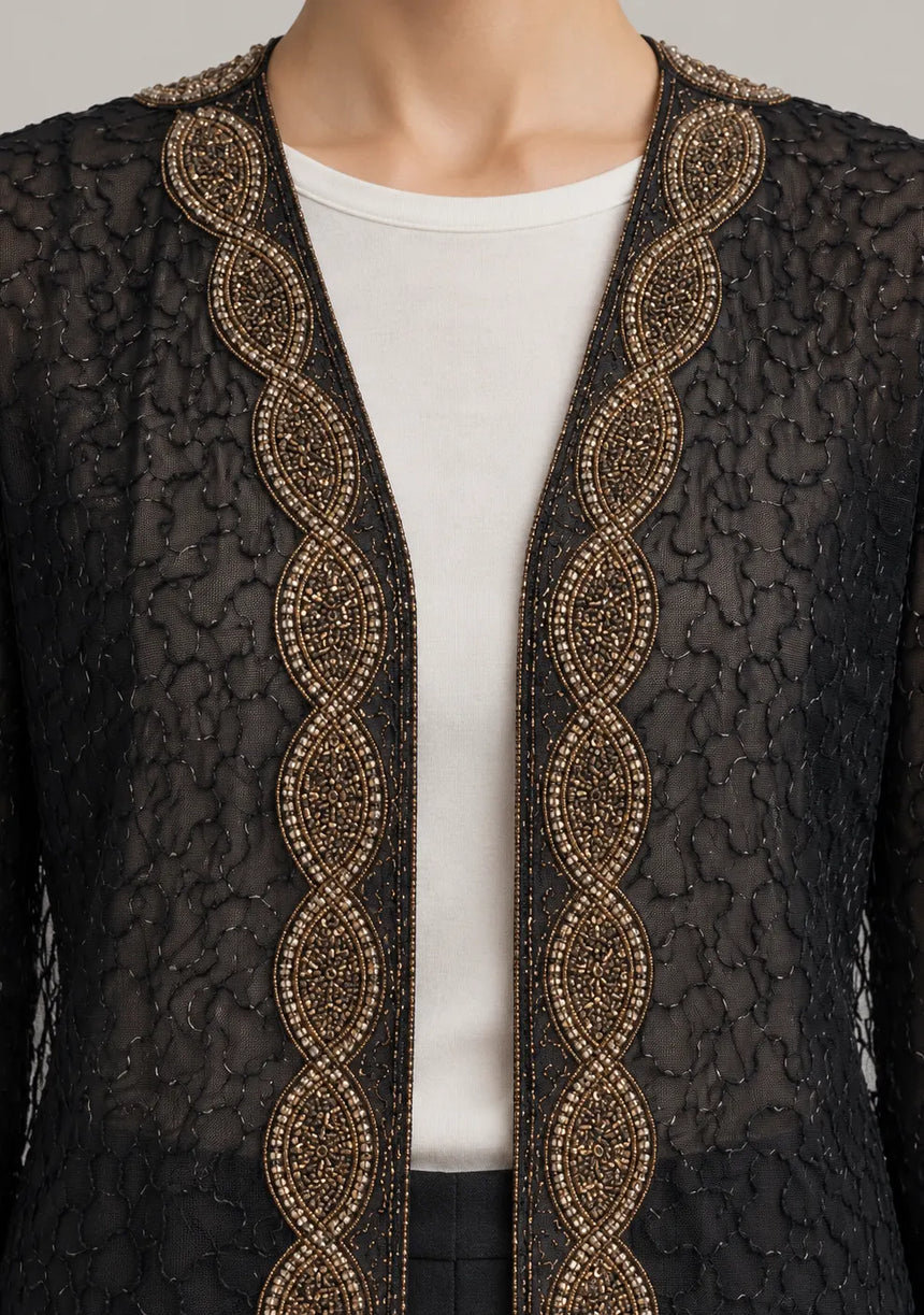 ibBan Women’s Black Mesh Long Jacket with Hand Embroidered - Aminta