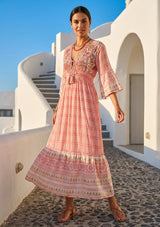 ibBan Hand Embroidered Long Cotton Maxi Dress - Chek Print