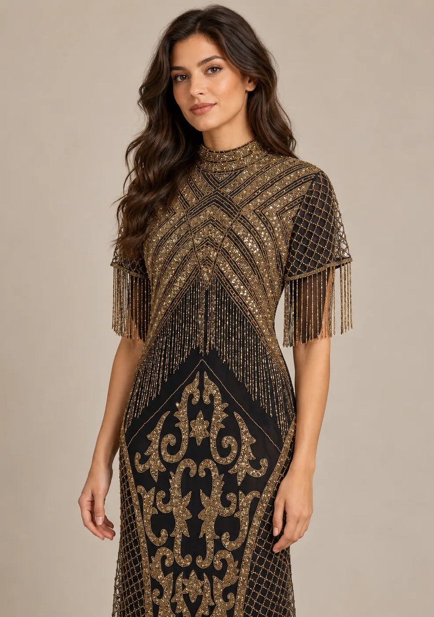 Women’s Party Long Dress with Gold Hand Embroidery - Sophie