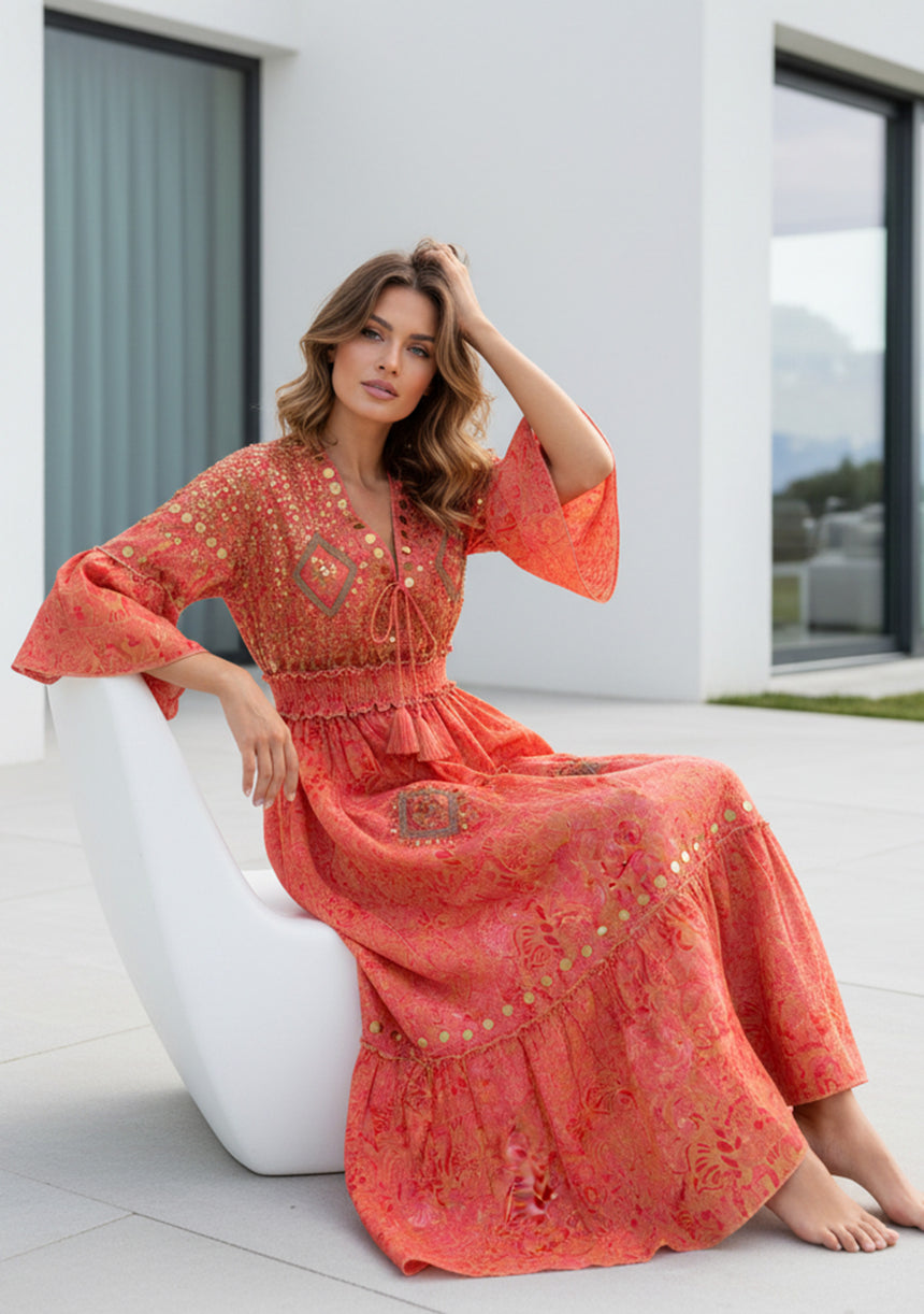 ibBan Printed Long Dress with Hand Embroidery | Women's Resort Maxi Dress - Maya