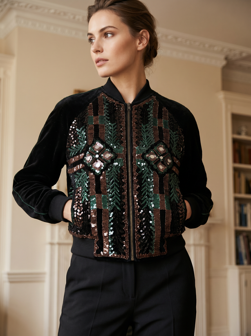 ibBan Women's Hand Embroidered Bomber Jacket -Anum