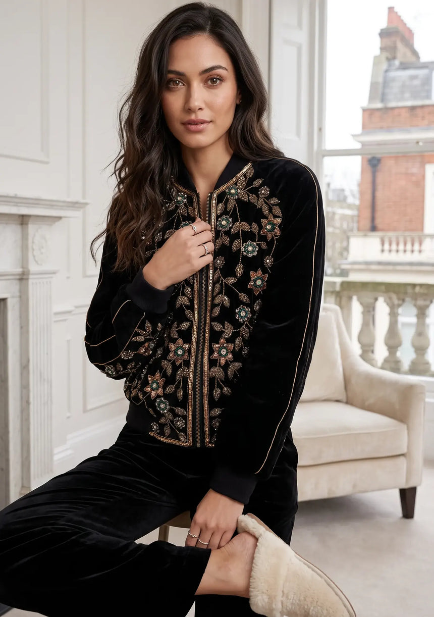 ibBan Women's Leather Sleeve Hand Embroidered Jacket - Asleen