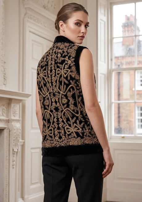 ibBan Gilet de luxe noir avec broderie à la main dorée et lourde - Gilet Goldy
