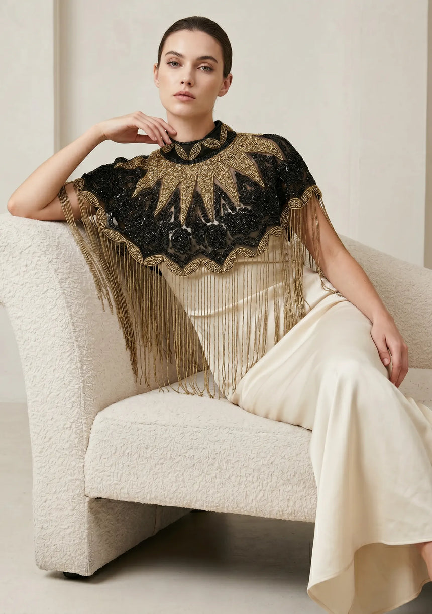 ibBan Black & Gold Hand Beaded Party Cape | Luxury Embroidered Evening Cape - Gunsa