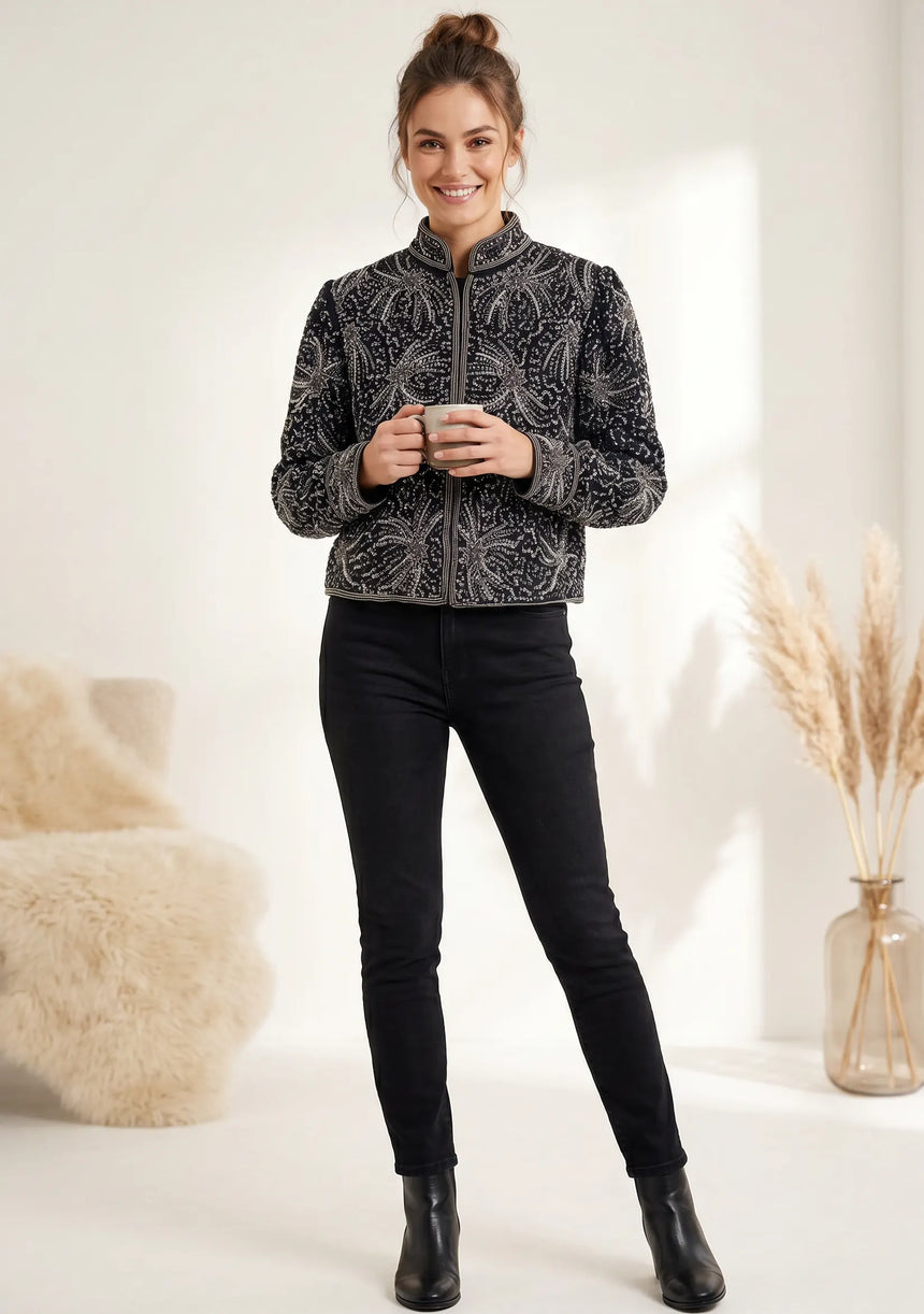 ibBan Luxury Heavy Hand Embroidered Winter Jacket | Women's Designer Statement Jacket - Idli