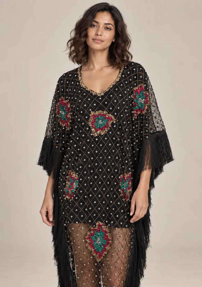 ibBan Black Kaftan Dress with Hand Beadwork & Fringe - Felipe