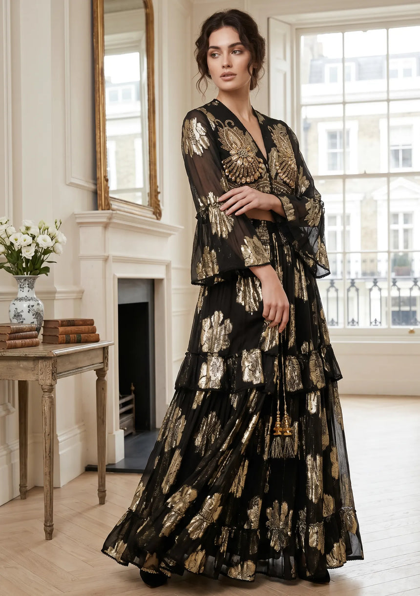 ibBan Hand Embroidered Cotton Lurex Skirt Blouse Set | Luxury Occasion Wear - Varsha