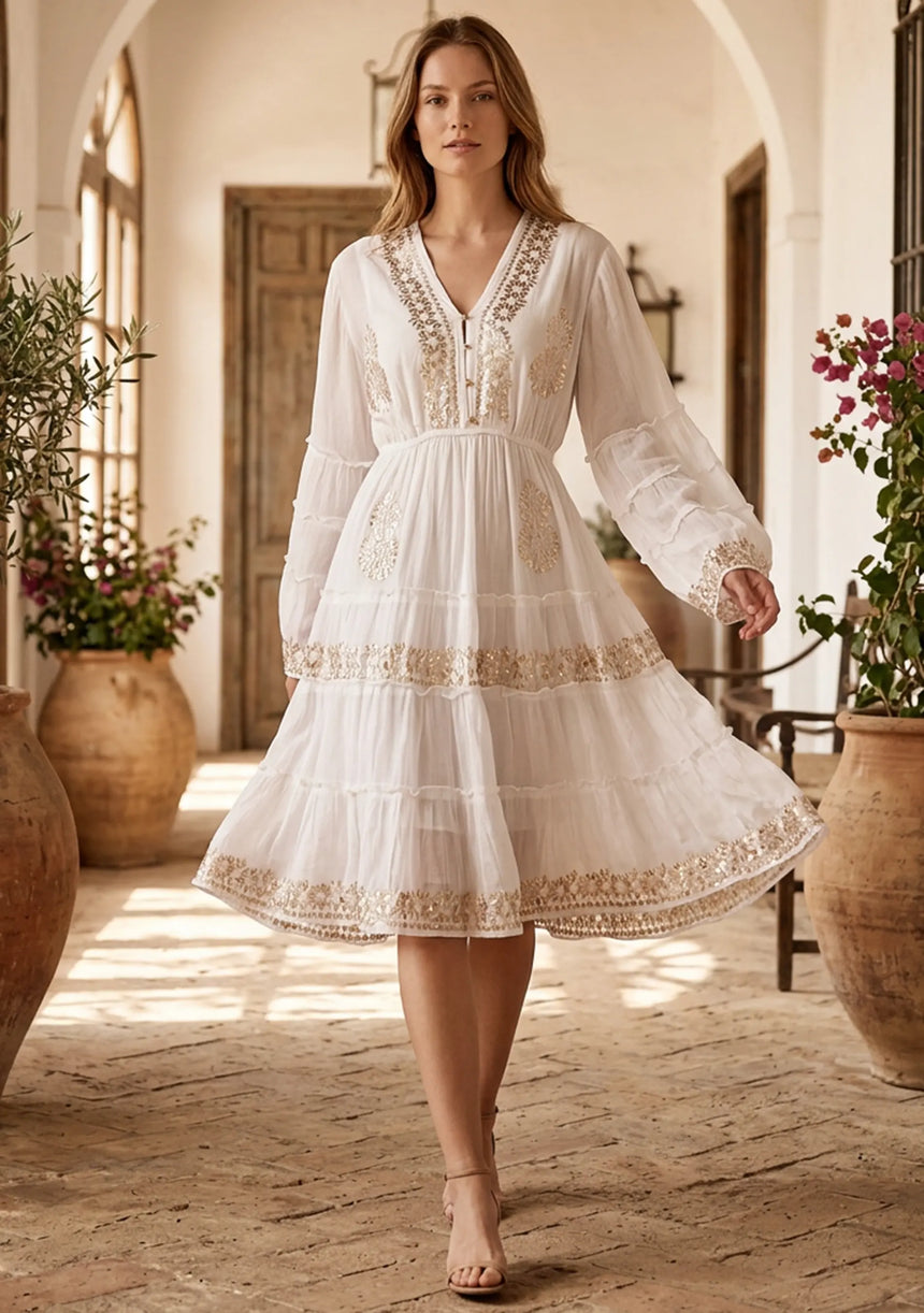 Minivestido de algodón bordado a mano con cuello en V para mujer - Anvi