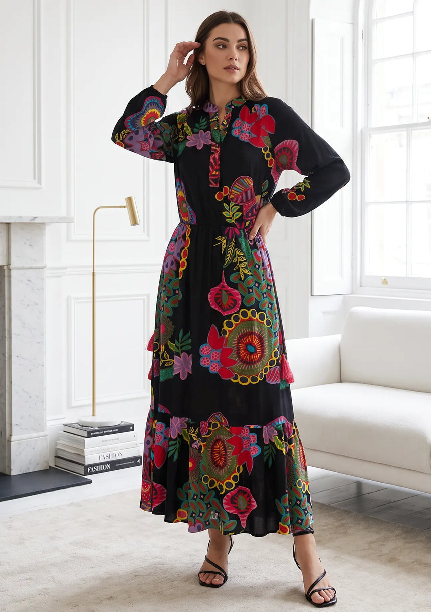 ibBan Women’s Black Multicolor Printed  Long Tunic - Asrar