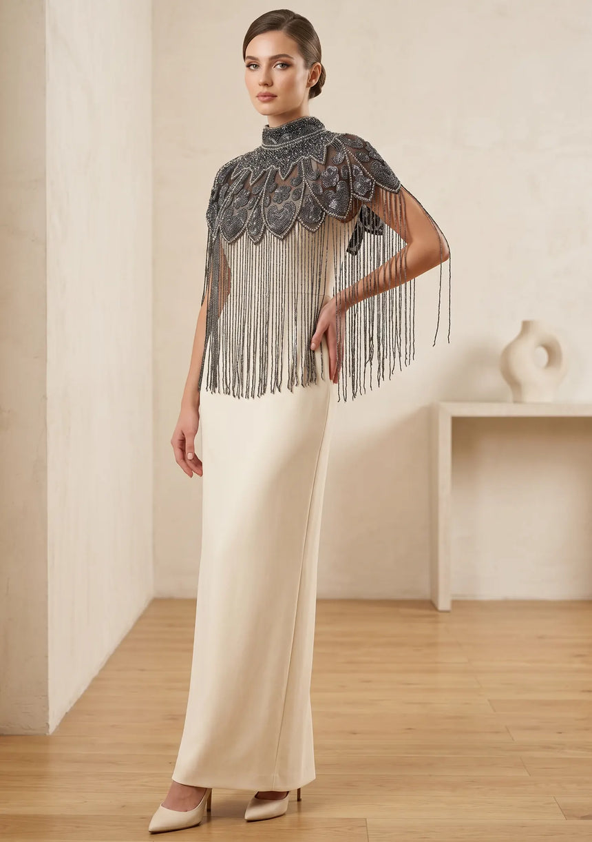 ibBan Black Hand Beaded Party Cape | Luxury Embroidered Evening Cape - Mazi