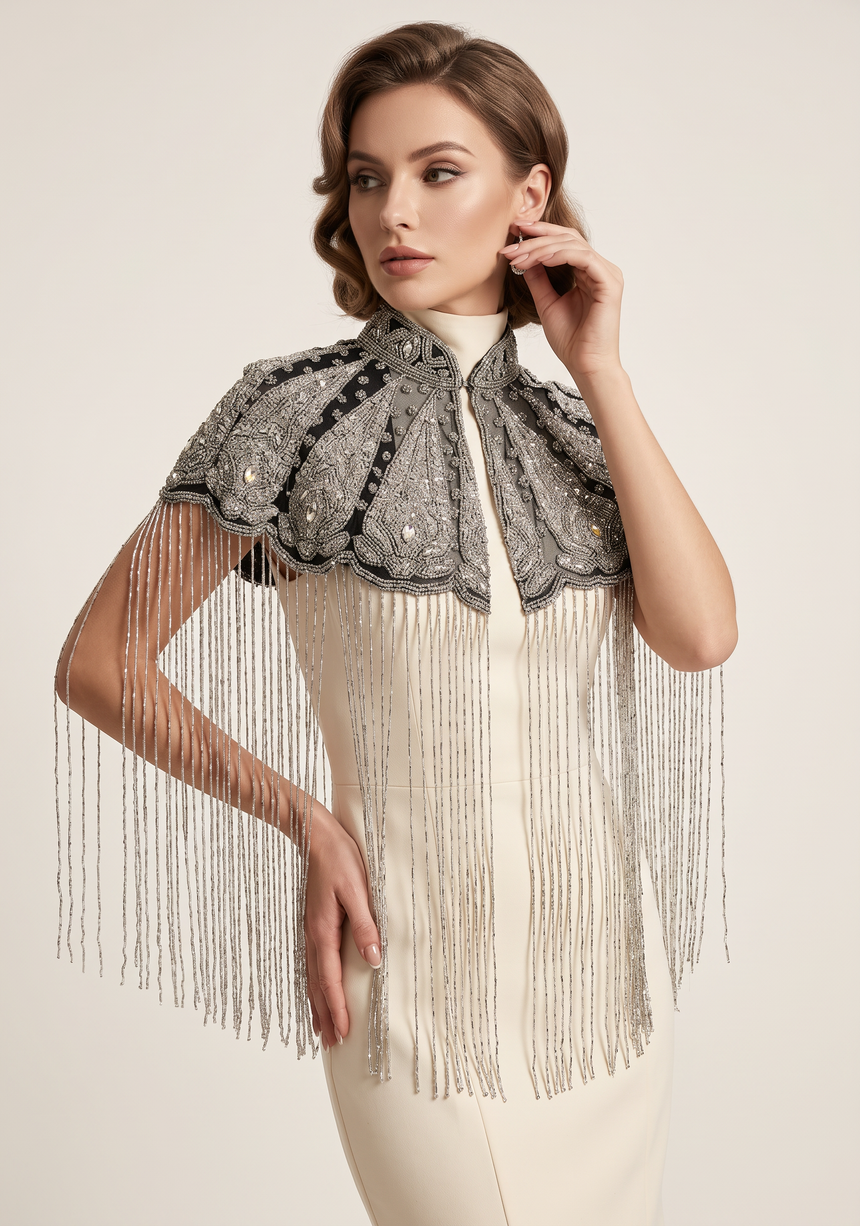 ibBan Black Hand Beaded Party Cape | Cape de soirée de luxe brodée - Mazi