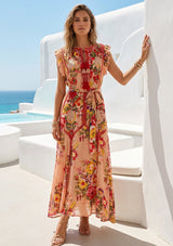 Women's Hand Embroidered Printed Cotton Long Dress Round Tie-Up Neck- Asia