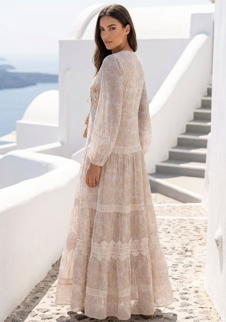 Women's Hand Embroidered Printed Cotton Maxi Dress V-Neck- Aza