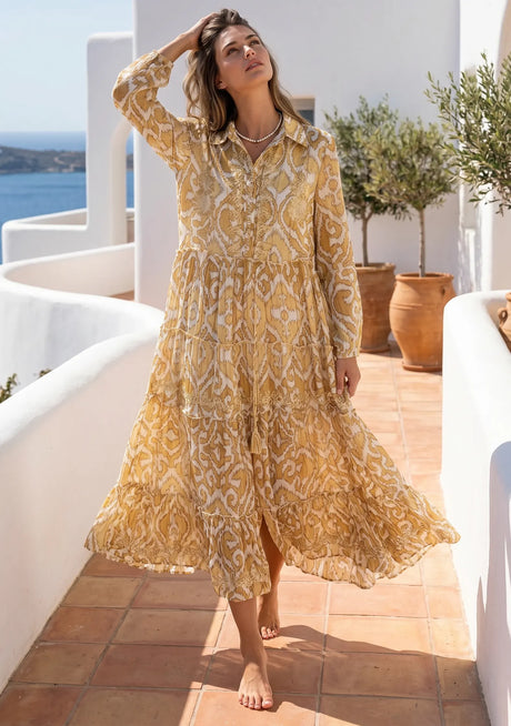 ibBan Printed Cotton Collar Dress with Hand Embroidery - Greeta