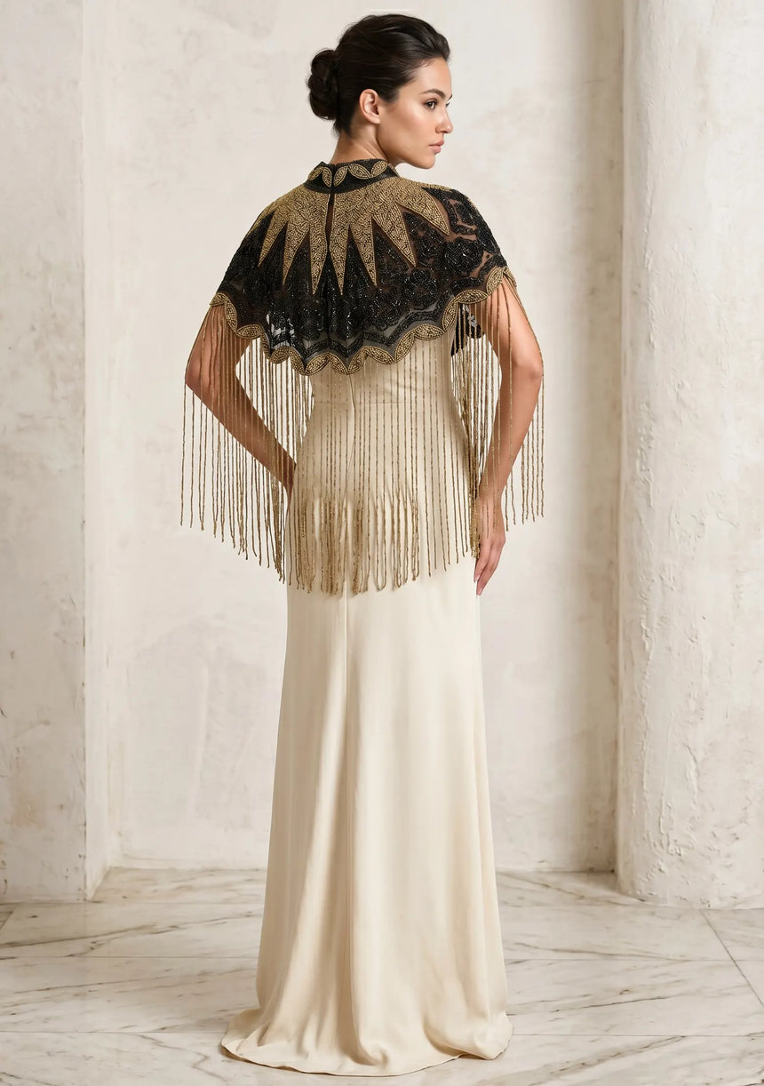 ibBan Black & Gold Hand Beaded Party Cape | Luxury Embroidered Evening Cape - Gunsa
