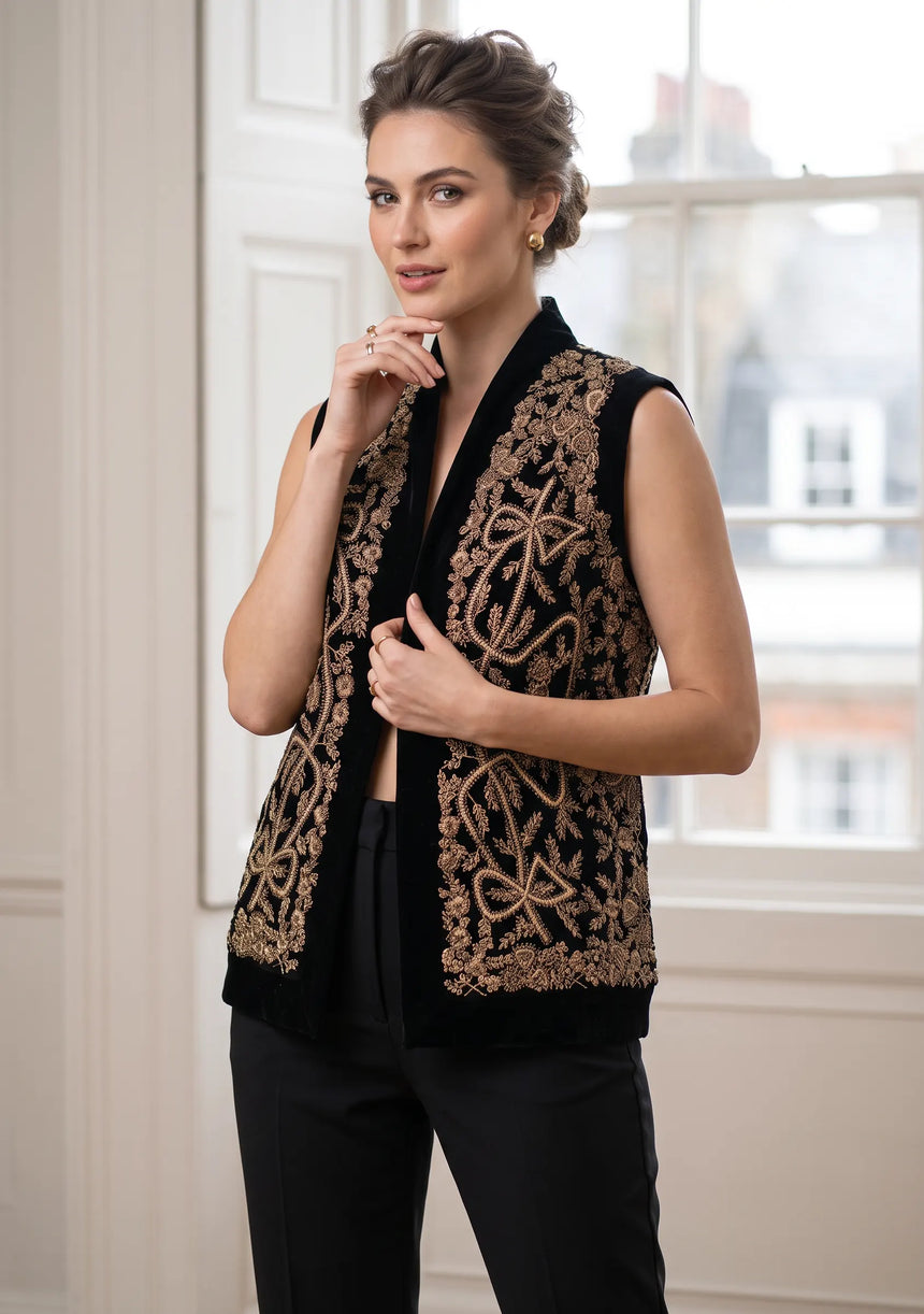 ibBan Luxury Black Gilet with Heavy Gold Hand Embroidery - Goldy Gilet