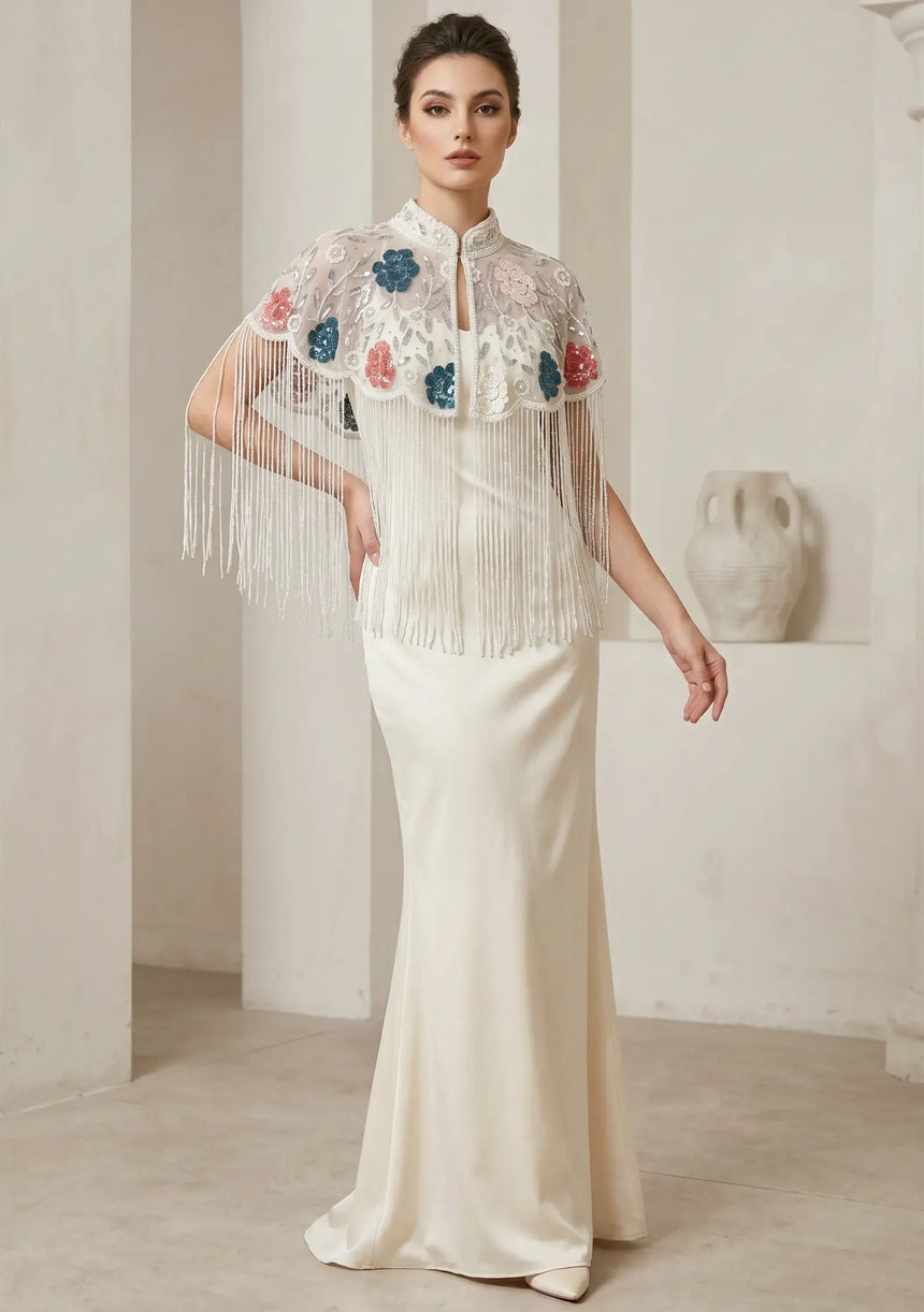 ibBan Floral Hand Beaded Party Cape | Luxury Embroidered Evening Cape - Sika