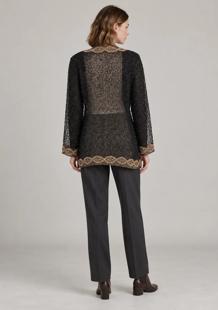 ibBan Women’s Black Mesh Long Jacket with Hand Embroidered - Aminta