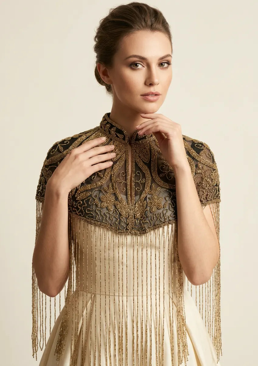 ibBan Black & Gold Beaded Net Neck Cape - Daina