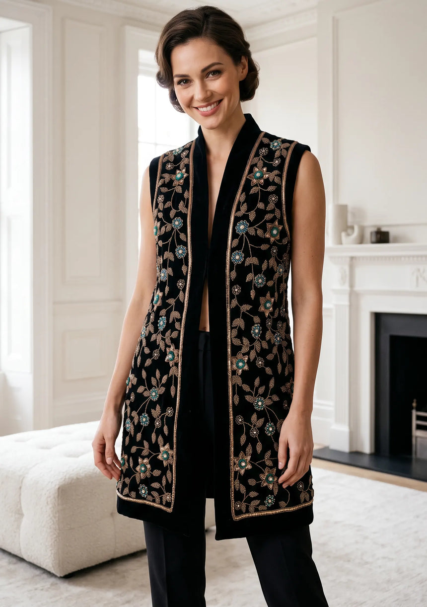 ibBan Women's Luxury Hand Embroidered Gilet | Designer Sleeveless Ves -Asleen