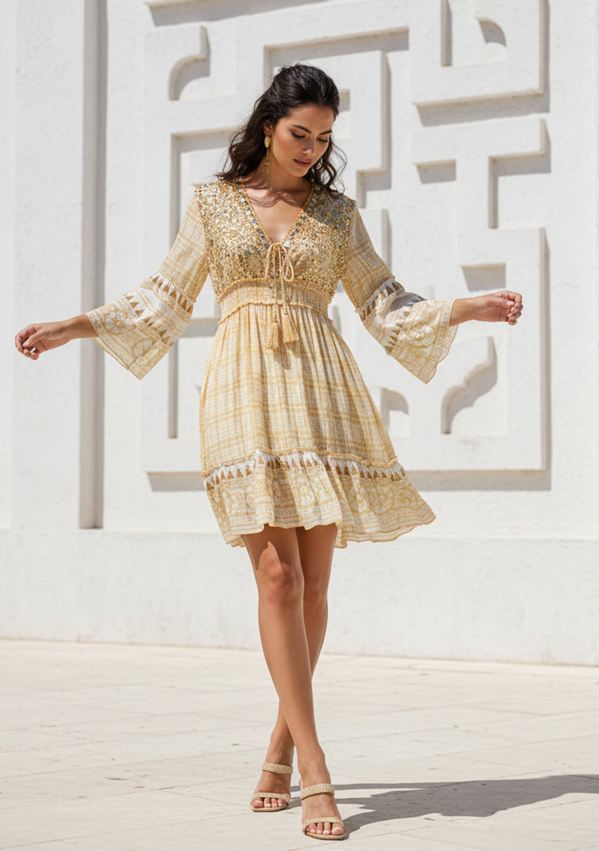 ibBan Printed Cotton Hand Embroidered Short Dress - Cheka