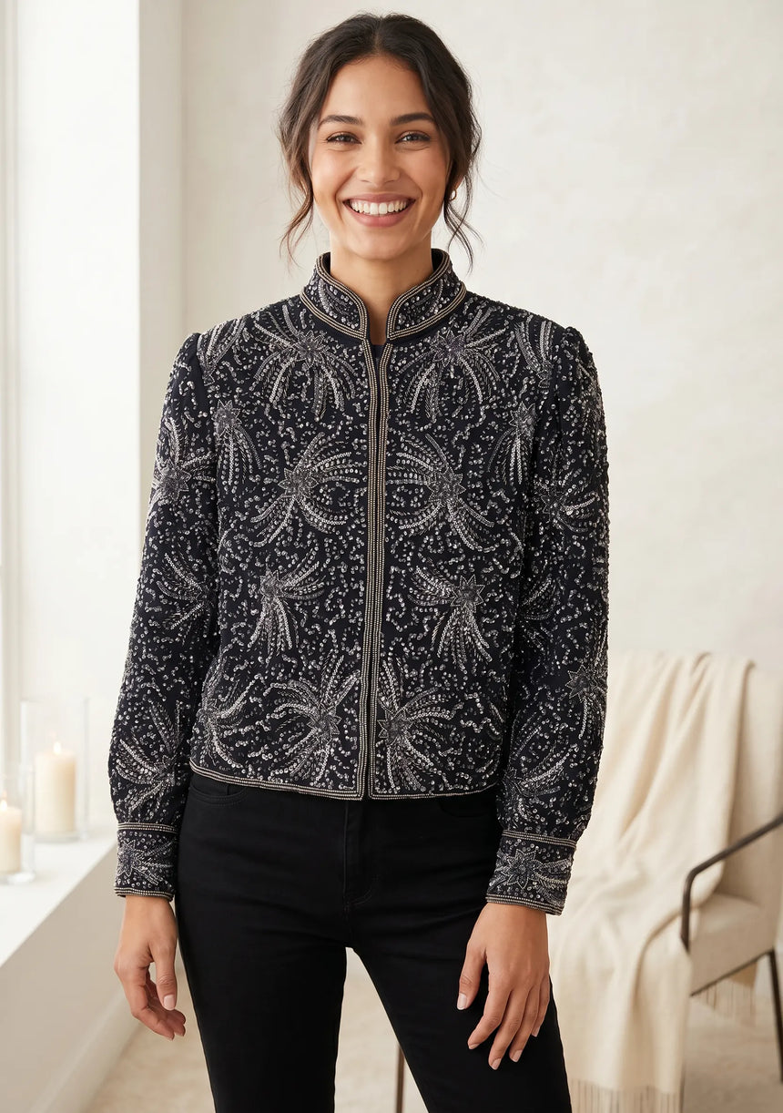 ibBan Luxury Heavy Hand Embroidered Winter Jacket | Women's Designer Statement Jacket - Idli