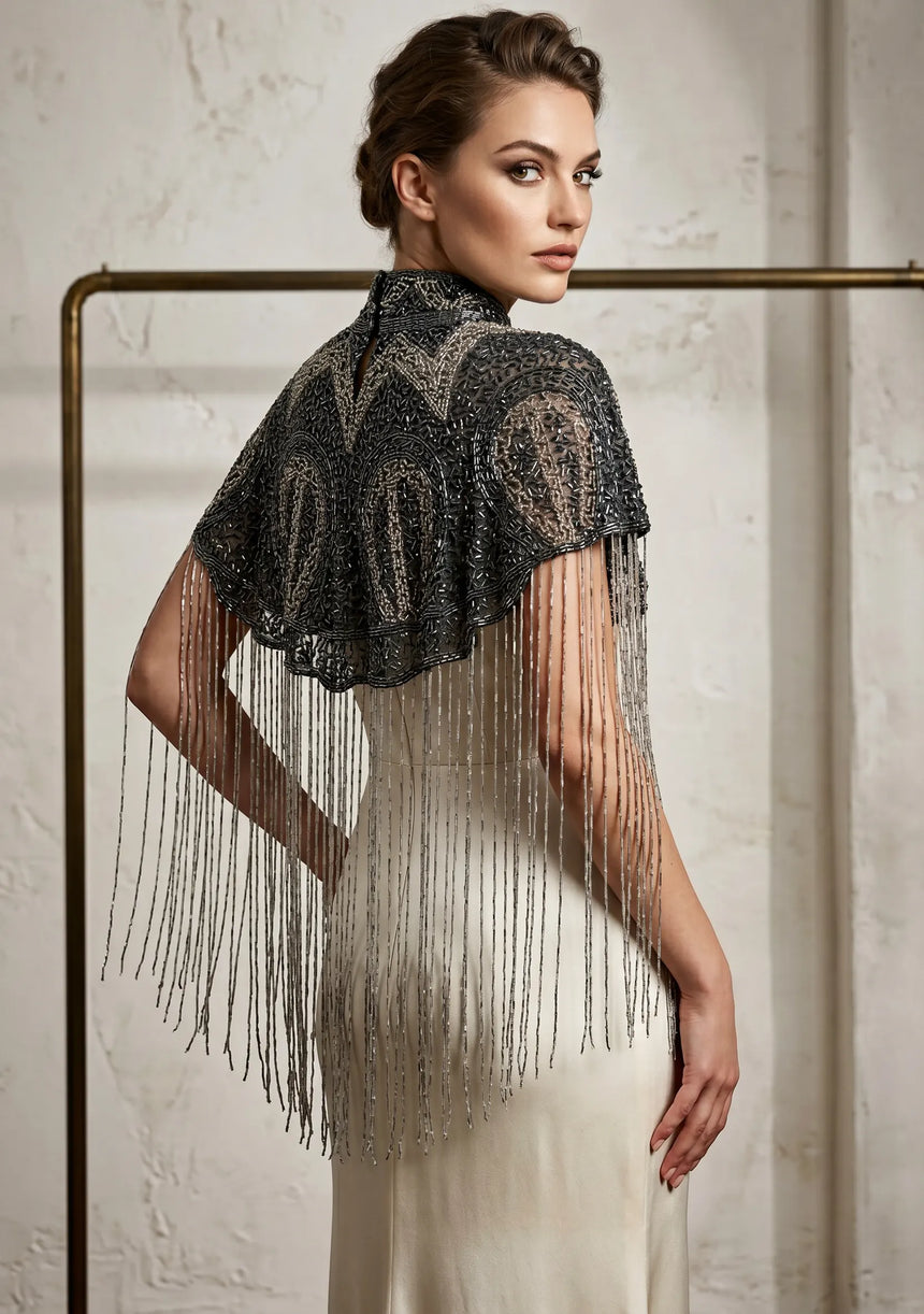 Women's Black Beaded Fringe Cape | Luxury Embroidered Cape by ibBan - Ela