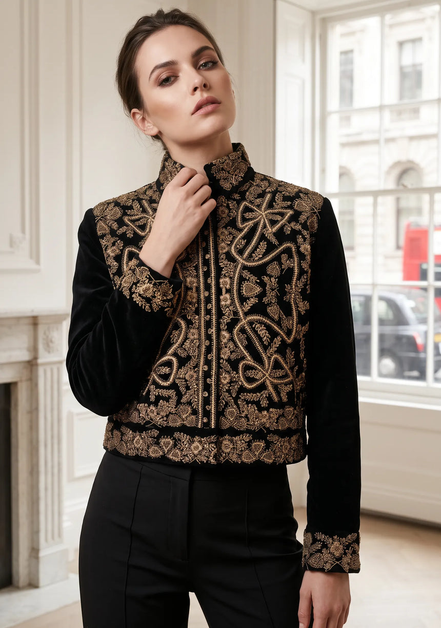ibBan Luxury Black Jacket with Heavy Gold Hand Embroidery - Goldy Jacket