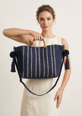 Women's Embroidered Canvas Handbag - Black Line