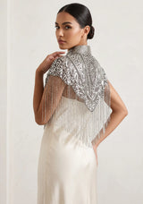 ibBan Silver Hand Beaded Party Cape | Luxury Embroidered Evening Cape -Efli