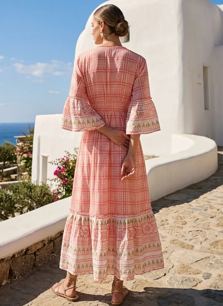 ibBan Hand Embroidered Long Cotton Maxi Dress - Chek Print