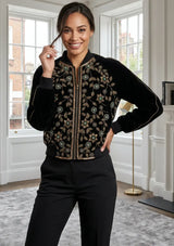 ibBan Women's Leather Sleeve Hand Embroidered Jacket - Asleen