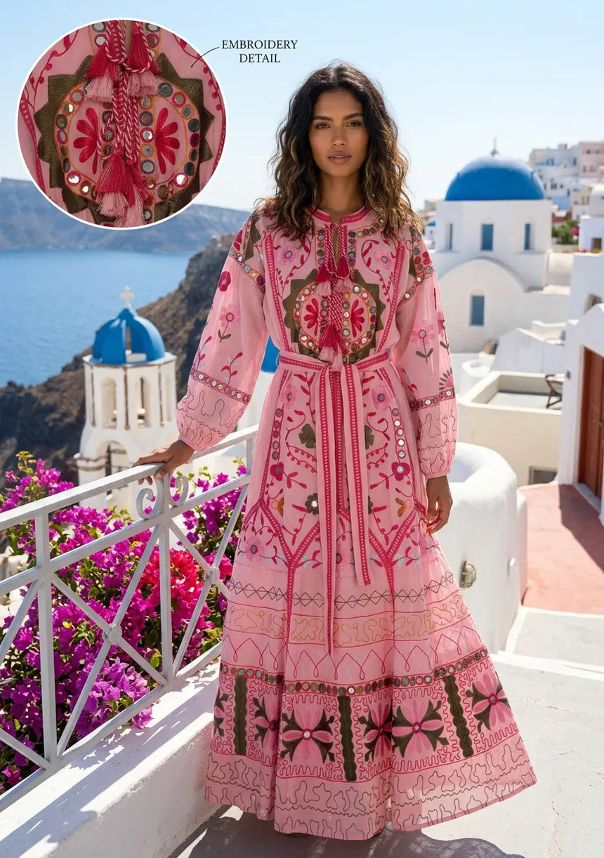 ibBan Pink Embroidered Cotton Maxi Dress | Women's Bohemian Resort Wear-Orla