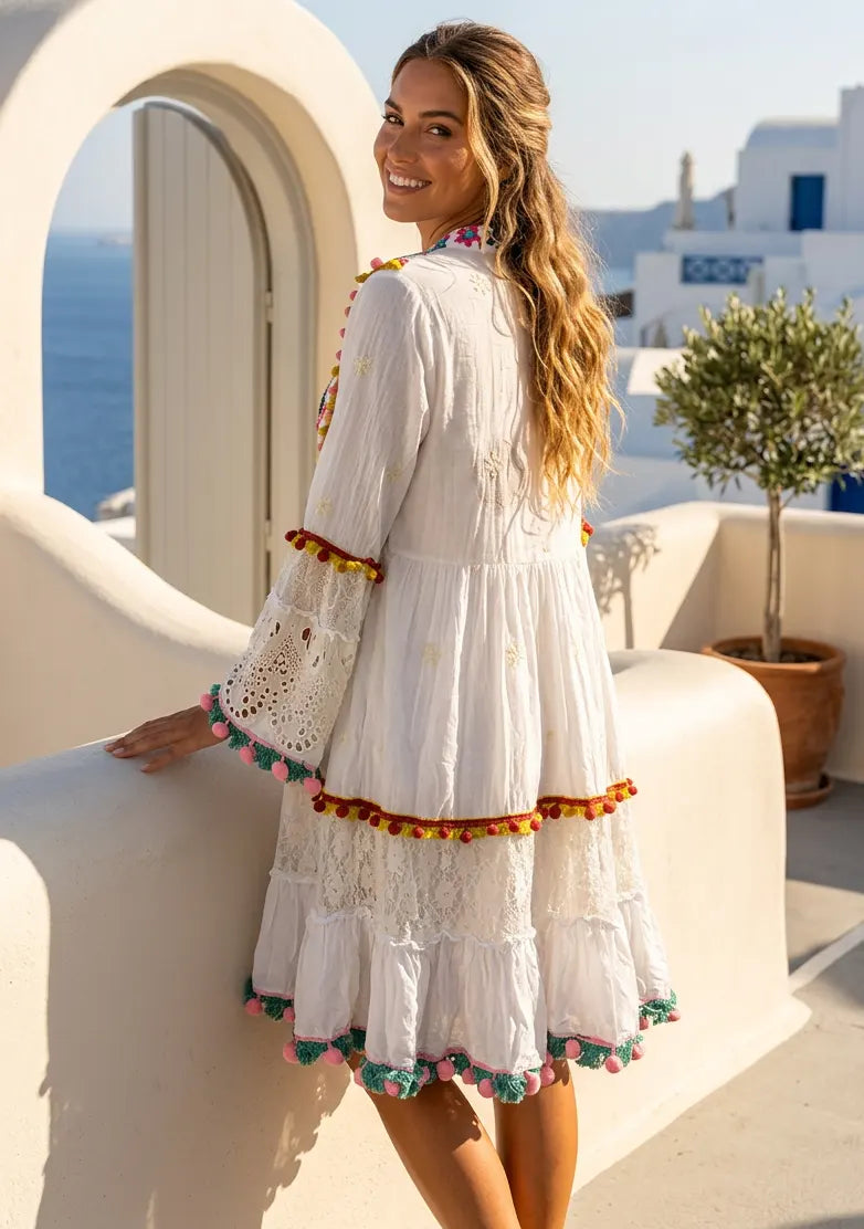 Luxury White Cotton Embroidered Summer Dress for Women | ibBan-Fani