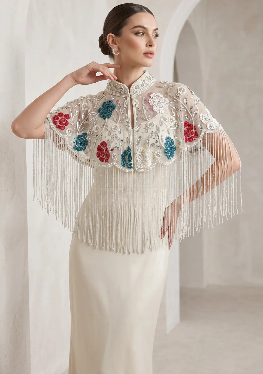 ibBan Floral Hand Beaded Party Cape | Luxury Embroidered Evening Cape - Sika