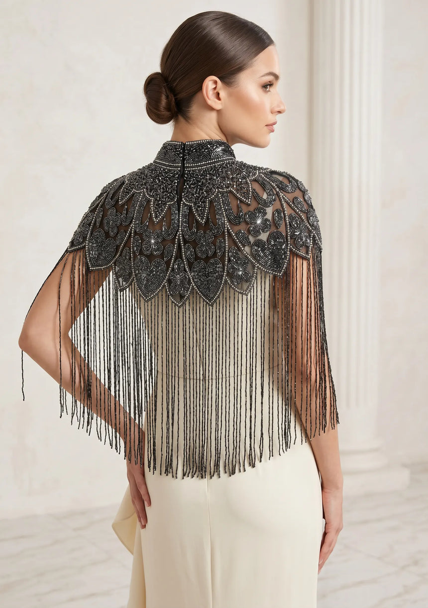 ibBan Black Hand Beaded Party Cape | Luxury Embroidered Evening Cape - Mazi