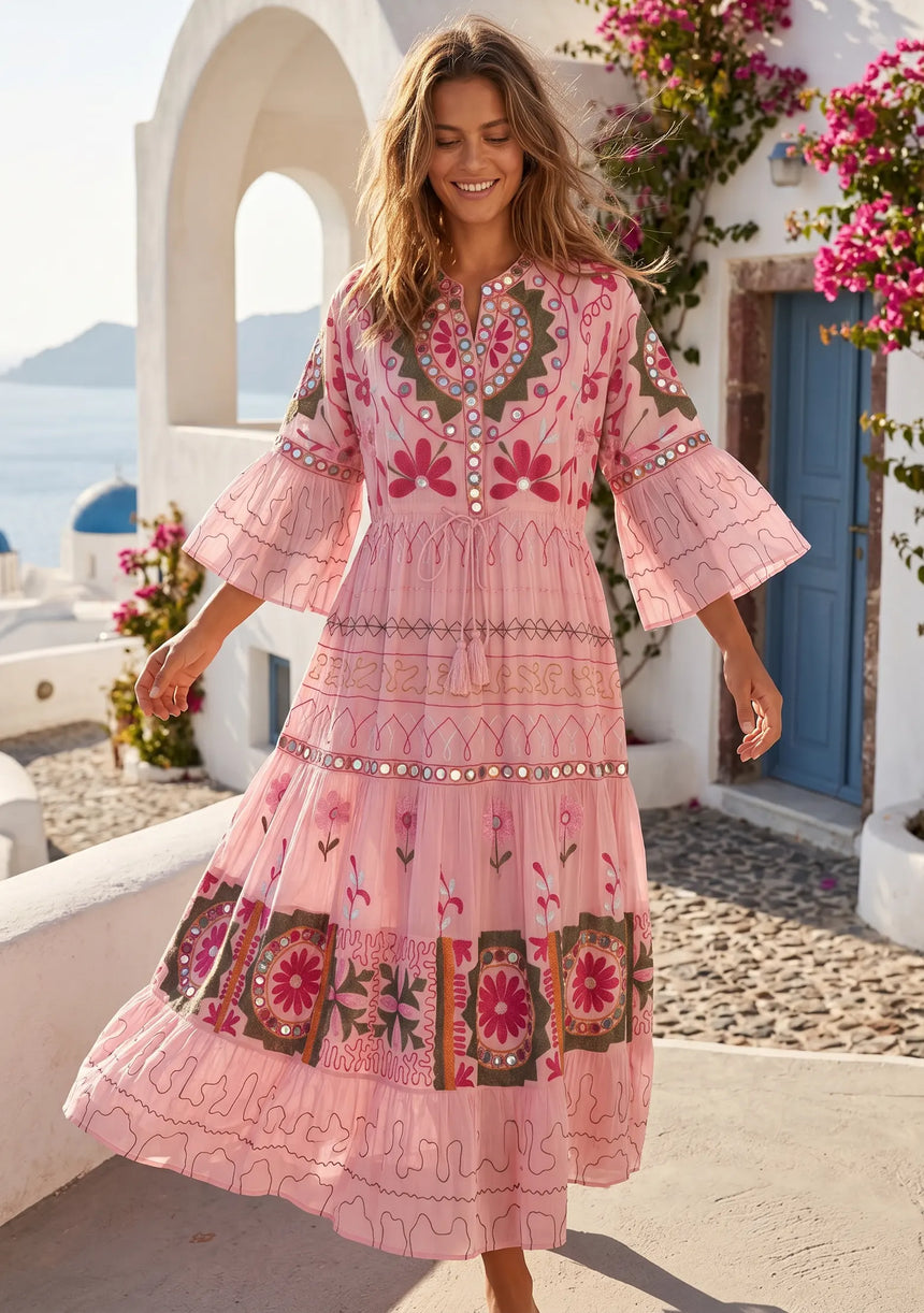 Women's Hand Embroidery Cotton Long Tunic Dress with Embroidery | ibBan - Orla
