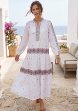 ibBan Premium Cotton Hand Embroidered Long Tunic Collar Dress | Boho Dress -Karin