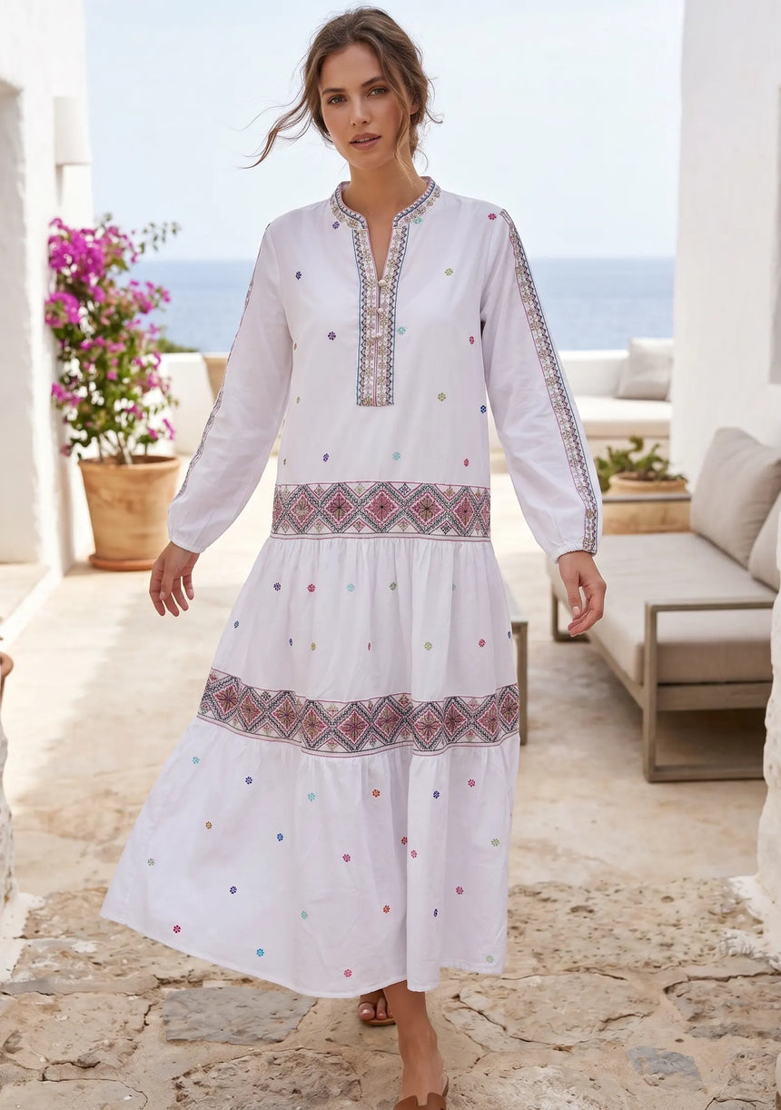 ibBan Premium Cotton Hand Embroidered Long Tunic Collar Dress | Boho Dress -Karin