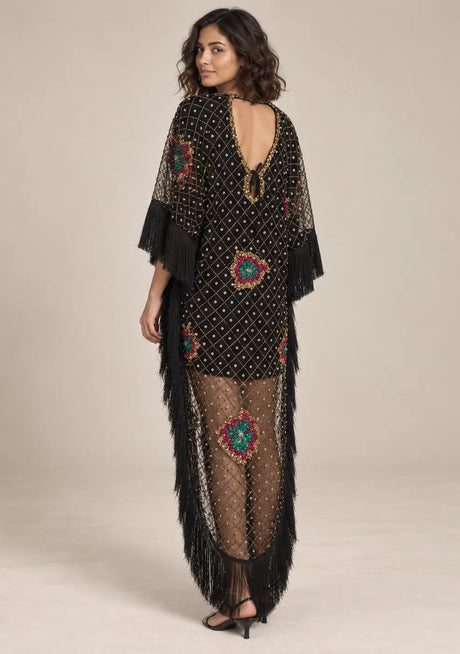 ibBan Black Kaftan Dress with Hand Beadwork & Fringe - Felipe
