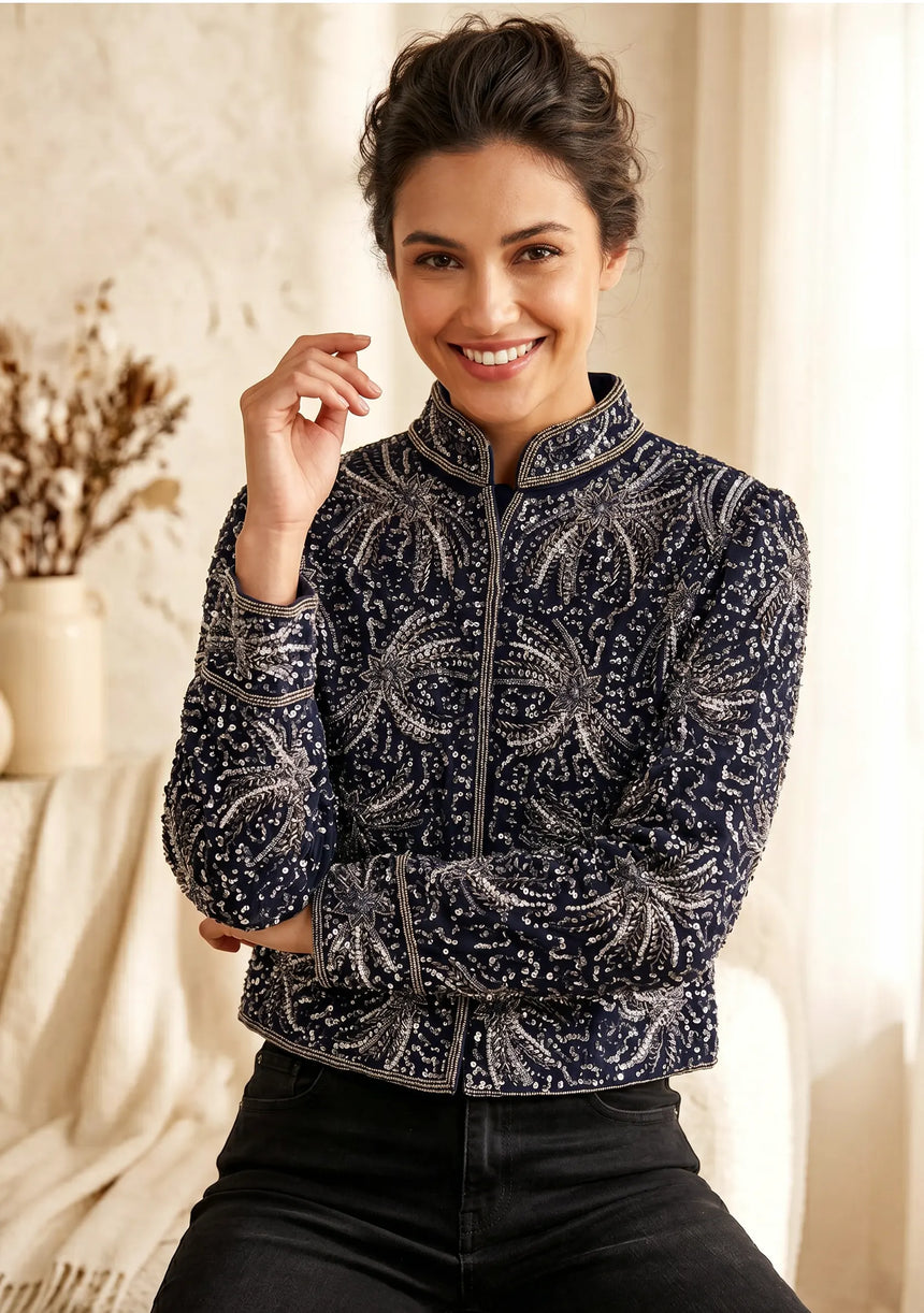ibBan Luxury Heavy Hand Embroidered Winter Jacket | Women's Designer Statement Jacket - Idli