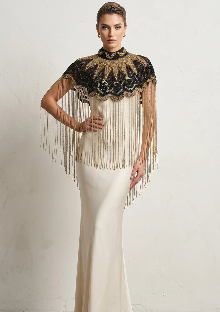 ibBan Black & Gold Hand Beaded Party Cape | Luxury Embroidered Evening Cape - Gunsa