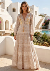Women's Hand Embroidered Printed Cotton Maxi Dress V-Neck- Aza