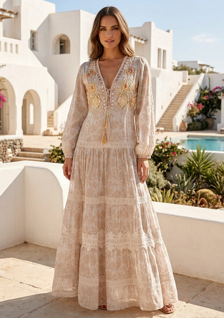 Women's Hand Embroidered Printed Cotton Maxi Dress V-Neck- Aza