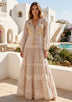 Women's Hand Embroidered Printed Cotton Maxi Dress V-Neck- Aza