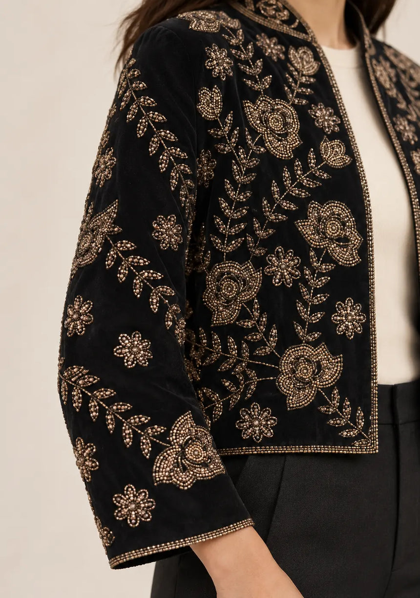 ibBan Women’s Black  Hand Embroidered Beaded Jacket - Morgan