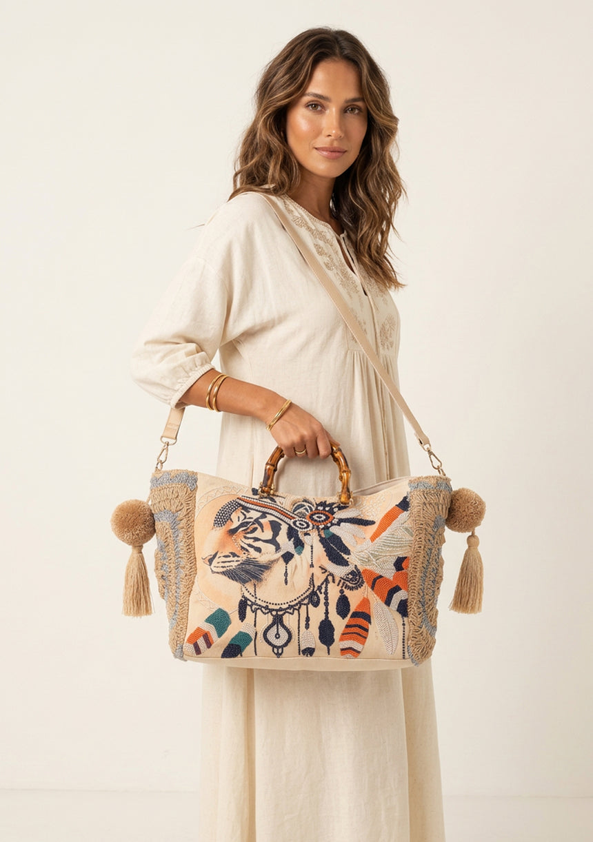 Bolso de lona bordado para mujer - León