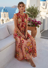 Women's Hand Embroidered Printed Cotton Long Dress Round Tie-Up Neck- Asia