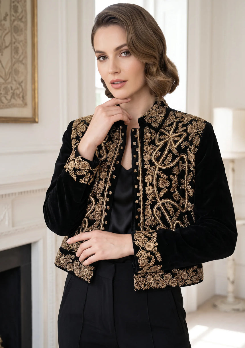 ibBan Luxury Black Jacket with Heavy Gold Hand Embroidery - Goldy Jacket